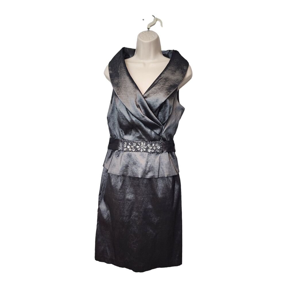 Nero Shawl Neckline Sleeveless Sequin Accent Metallic Silver Knee-Length Sz 14